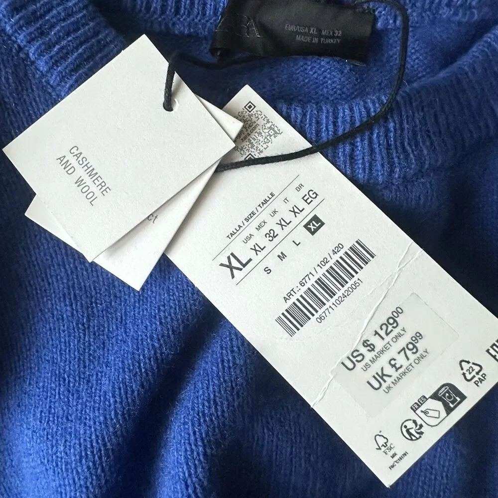 NWT Zara Cashmere Wool Blend Sweater Mens XL Royal Blue Crewneck Pullover $129
